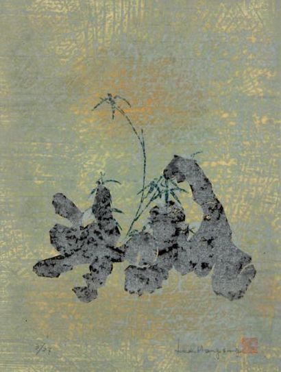 LEE Hang Sung (né en 1919) Bambou en liberté Bois gravé en couleurs sur papier de...