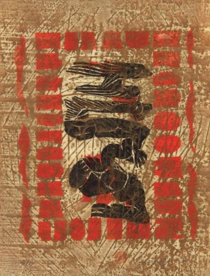 LEE Hang Sung (né en 1919) Sans titre Bois gravé en couleurs sur papier de riz, porte...