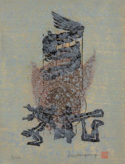 LEE Hang Sung (né en 1919) Le Dieu de la Fortune Bois gravé en couleurs sur papier...