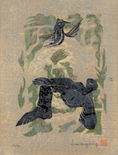 LEE Hang Sung (né en 1919) Sans titre Bois gravé en couleurs sur papier de riz, signé...