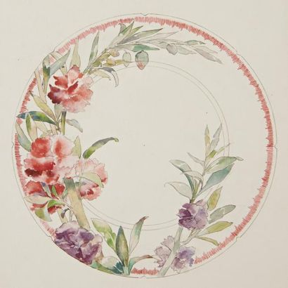 VIEILLARD A BORDEAUX Fleurs rose et violette Projet pour une assiette, circa 1895...