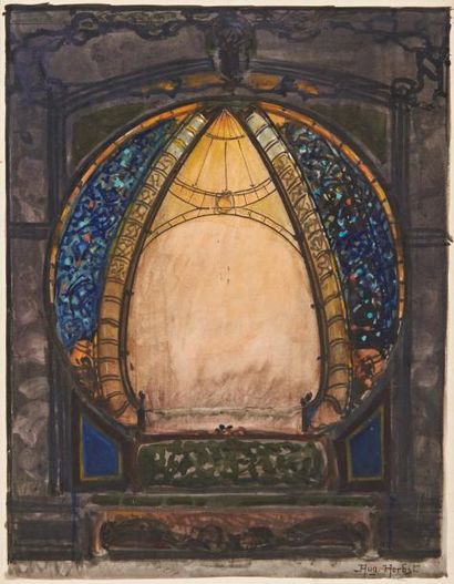 HERBST Auguste Etude pour un vitrail Aquarelle et lavis. Signée en bas à droite....