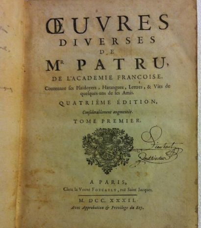 null [RELIURE AUX ARMES.] PATRU Olivier. Oeuvres diverses de Mr. Patru, de l'Académie...