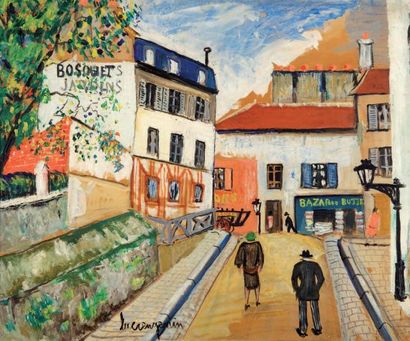 Lucien GENIN (1894-1953) Rue à Montmartre Technique mixte sur papier marouflé sur...