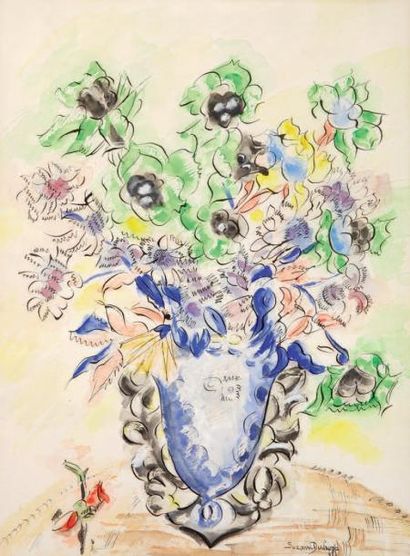 Suzanne DUCHAMP (1889-1963) Bouquet de fleurs, 1945 Technique mixte sur papier, signé...