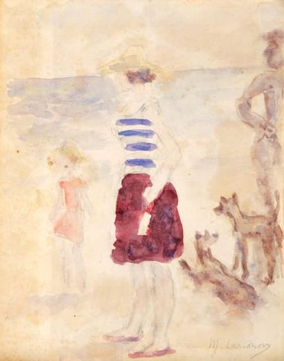 Mikhail LARIONOV (1881-1964) Sur la plage Aquarelle sur papier, signé en bas à droite....