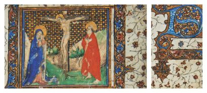 null Deux enluminures. polychromes: Crucifixion avec la Vierge et Saint- Jean. France,...