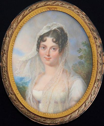 Prosper LEPINOY (1792- après 1859) Portrait de jeune femme au voile de dentelle blanche...
