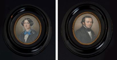François-Victor BATIGNE ECOLE FRANÇAISE du XIXe siècle Portraits d'un couple de personnages...