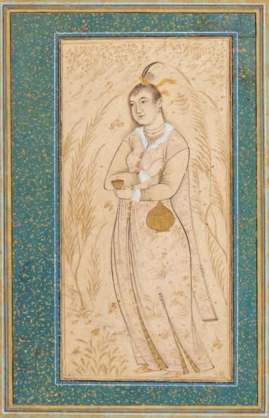 null Jeune femme à la coupe, Iran style safavide, fin XIXème siècle Dessin rehaussé...