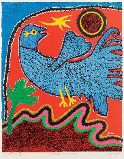 Corneille (Né en 1922) L'oiseau baroque bleu, 1993. Lithographie en couleurs, signée...