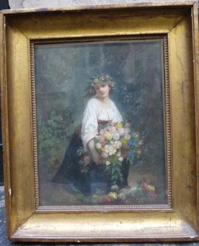 null Pastel représentant une jeune femme portant un large bouquet de fleurs. Dans...
