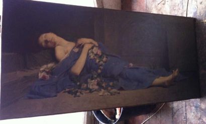 Jules Cyrille CAVE Jeune femme allongée aux rose Huile sur toile signée en bas à...