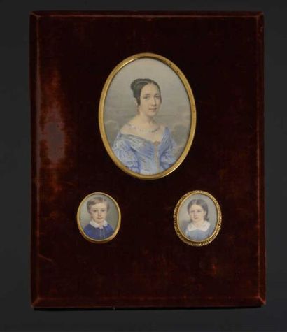 Félix DELMONT (1784-1867) Trois MINIATURES portraits d'une mère et ses enfants, la...