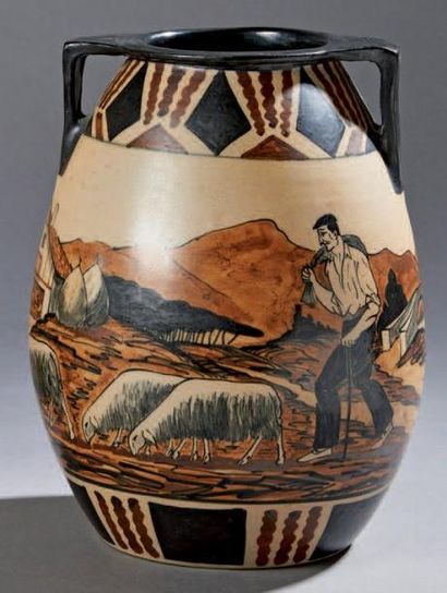 Etienne VILOTTE (1881-1957) & CIBOURE (Manufacture de) Vase ovoïde en grès à deux...
