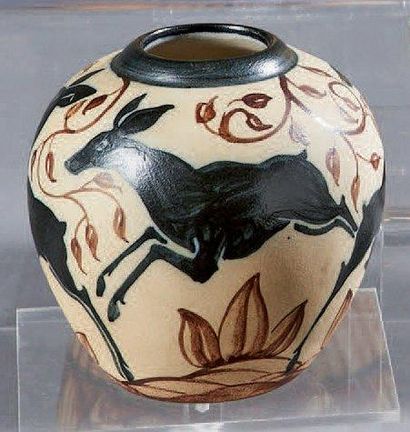 Richard LE CORRONE (1909-1977) & CIBOURE (Manufacture de) Vase ovoïde en grès à décor...