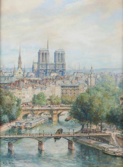 CHAPUIS Pierre (1863-1942) Le vieux Paris, l'Ile de la Cité Technique mixte sur papier,...