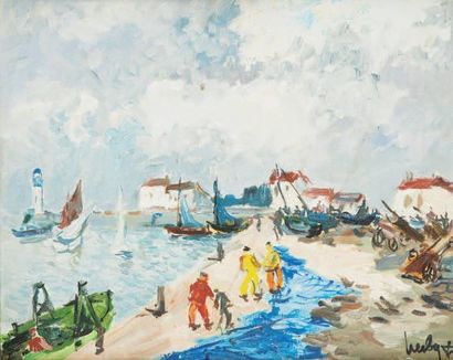HERBO Fernand (1905-1995) Les filets bleus Huile sur toile, signée en bas à droite....
