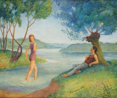 COLIN Paul Emile (1867-1949) Baigneurs au bord d'un lac Huile sur panneau, signé...