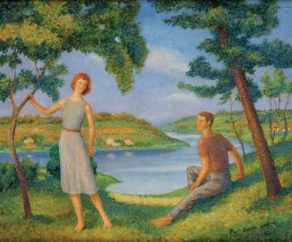 COLIN Paul Emile (1867-1949) Couple au bord d'un lac Huile sur panneau, signé en...