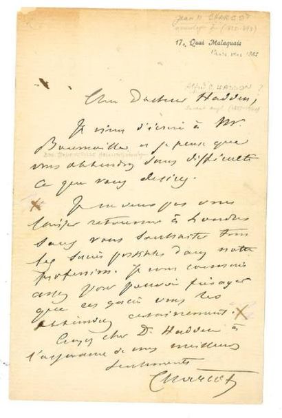 Jean-Martin CHARCOT (1825-1893) L.A.S. au Dr Hadden; 1 page in-8 à son adresse 17,...