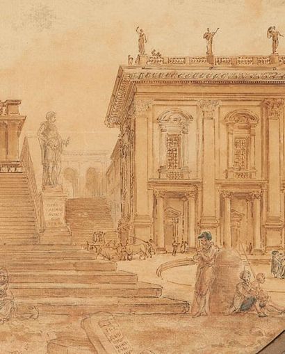 Hubert ROBERT (Paris 1733 - 1808) Les escaliers et le palais du Capitole à Rome Plume...