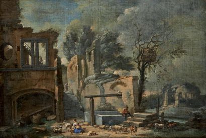 Nicolas Jacques JULLIARD (Paris 1715 - 1790) Bergère et berger dans des ruines Toile....