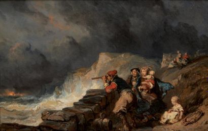 Eugène ISABEY (Paris 1803 - Montévrain 1886) Pendant la tempête Panneau 21,5 x 33,5...