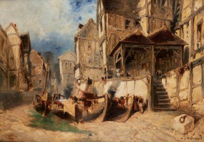 Eugène DESHAYES (Paris 1828 - ? 1890) Village en Normandie Sur sa toile d'origine...
