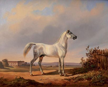 Victor ADAM (Paris 1801- Viroflay 1866) Cheval gris Panneau 20 x 24 cm Monogrammé...