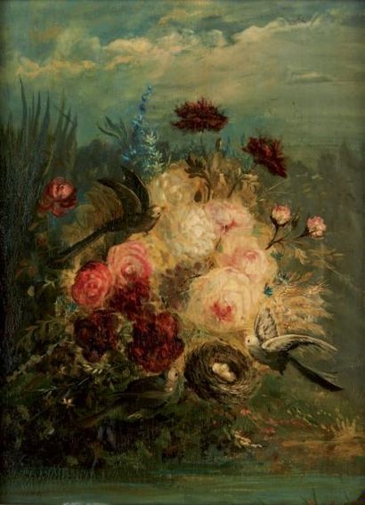RICHARD (Actif vers 1900) Fleurs de fleurs et nid d'oiseaux Panneau 22 x 16 cm Signé...