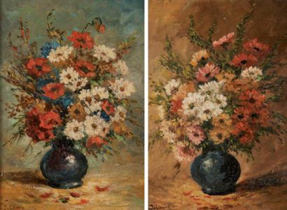 J. LAMY (Actif au XXème siècle) Bouquets de fleurs Paire de cartons 22 x 15,5 cm...