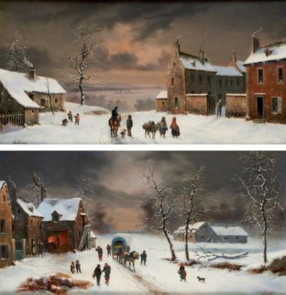 Louis Claude MALBRANCHE (Caen 1790 - 1838) Cavalier sous la neige Chariot dans un...