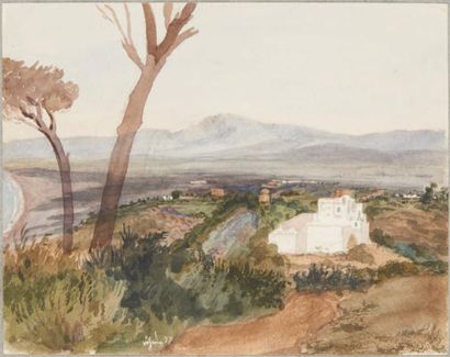 Louis ROGUIN (Rovigo 1813 - Valenciennes 1901) Ferme dans les montagnes vue de dos,...