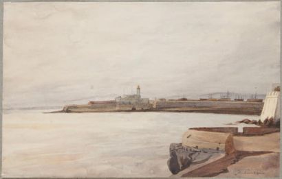 Louis ROGUIN (Rovigo 1813 - Valenciennes 1901) Vue du Port d'Alger Aquarelle 27,5...