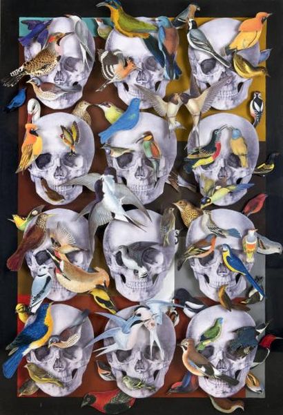 Patrick CHELLI (Né en 1955) Vanité aux oiseaux Collages en relief, signé en bas à...