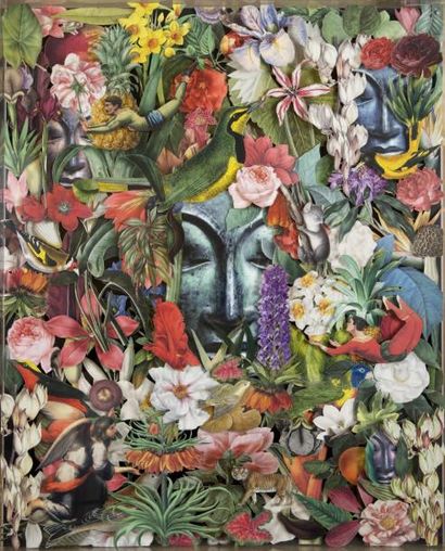Patrick CHELLI (Né en 1955) Bouddha dans la forêt Collages en relief, signé en bas...
