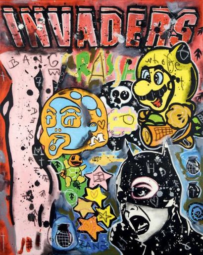 Guillaume MORETTON (né en 1977) Invaders, 2008 Technique mixte sur toile, signée,...