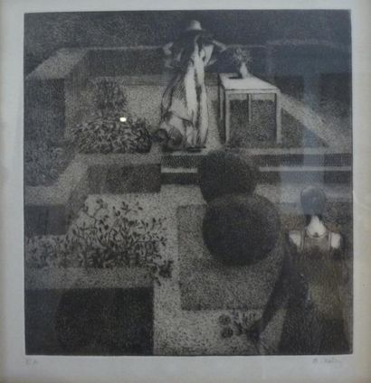 Bernadette KELLY (née en 1933) Femmes dans un jardin Eau forte, signée en bas à droite...