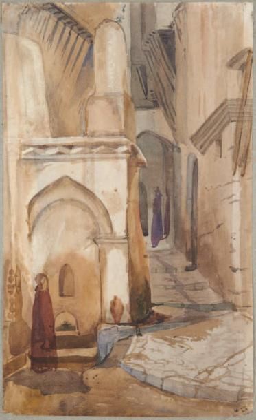 Louis ROGUIN (Rovigo 1813 - Valenciennes 1901) Femmes dans une ruelle de la Kasbah...