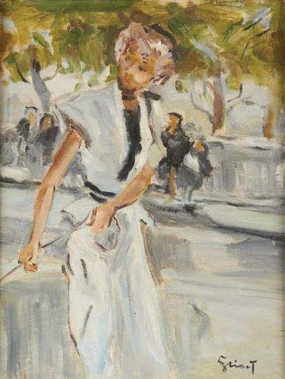 Pierre GRISOT (1911-1995) Femme promenant son chien Huile sur toile, signée en bas...