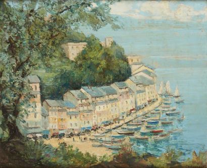 Emile SABOURAUD (1900-1996) Port méditerranéen Huile sur toile, signée en bas à droite....
