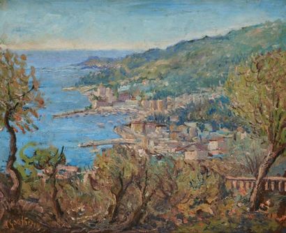 JACQUES GAUTHERIN (1929-1997) Paysage de la Côte d'Azur, 1947 Huile sur carton fort,...