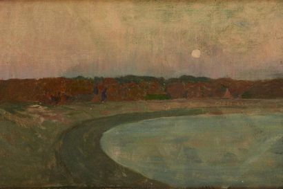 Emile René Ménard (1861/62-1930) Coucher de soleil sur l'étang Huile sur toile marouflée...