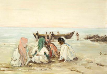Léa BIGETT XXème siècle Femmes au bord de la mer Huile sur toile, signée en bas à...