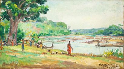 Georges FRANÇOIS (1880-1968) Bord de rivière animé, 1962 Huile sur panneau, signé...