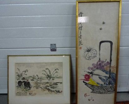 null Deux aquarelles sur papier taureau panier de fruits Chine XX ème siècle