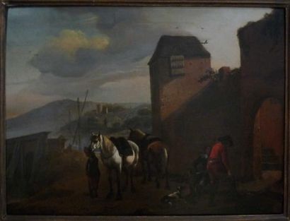 A. CUYP 1620/1691 Scène animée dans une ferme. Huile sur panneau. Signée en bas à...