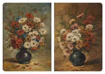 J. LAMY (Actif au XXème siècle) Bouquets de fleurs Paire de cartons 22 x 15,5 cm...