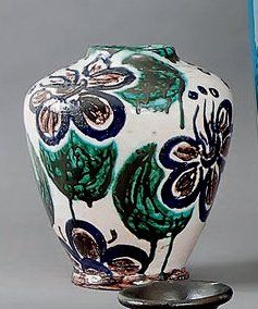 Jean RENOIR Vase pansu en terre chamottée à décor floral stylisé, émaux verts,bleus...